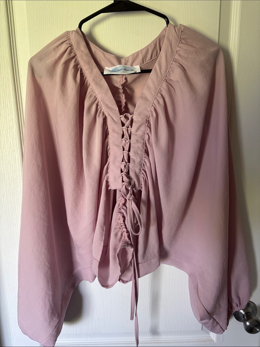 Lace-Up V-Neck Blouse in Dusty Pink
